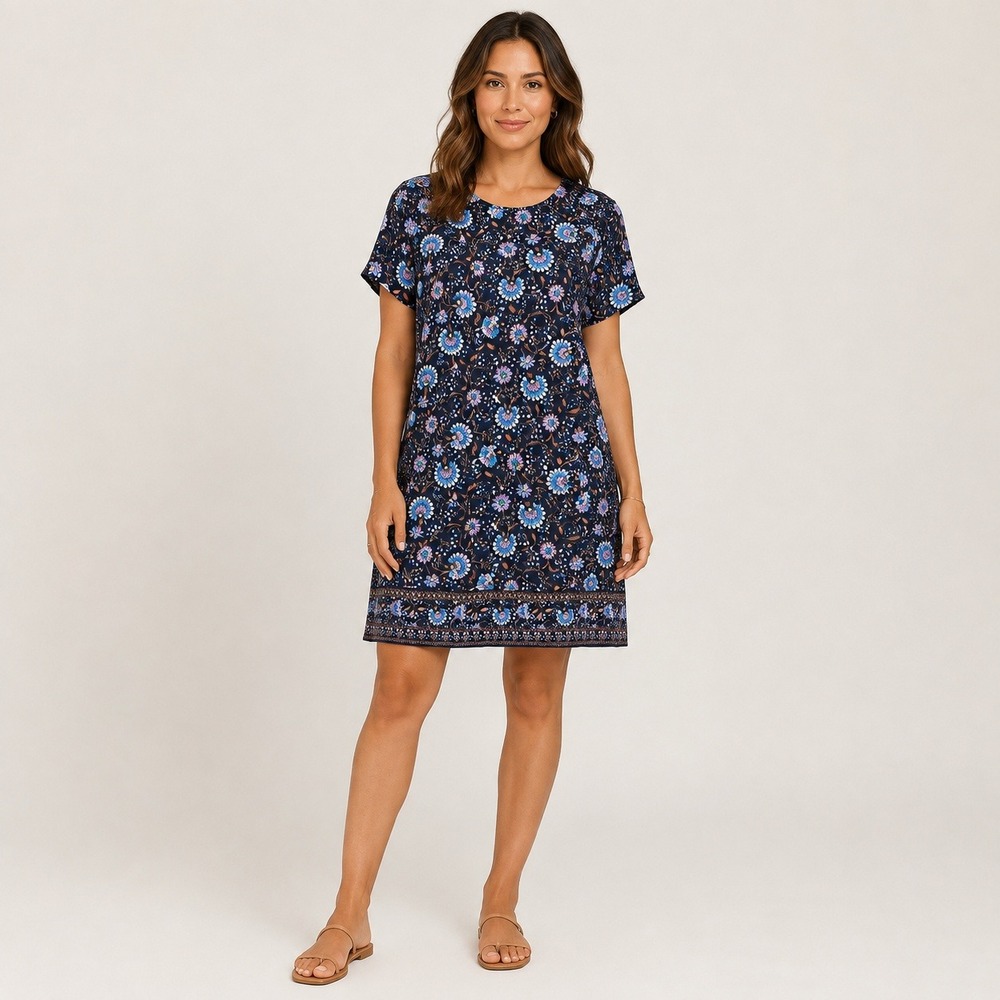 J. Jill NWOT Wearever Navy Blue Floral Knit Shift Dress Pockets LP Petite Large